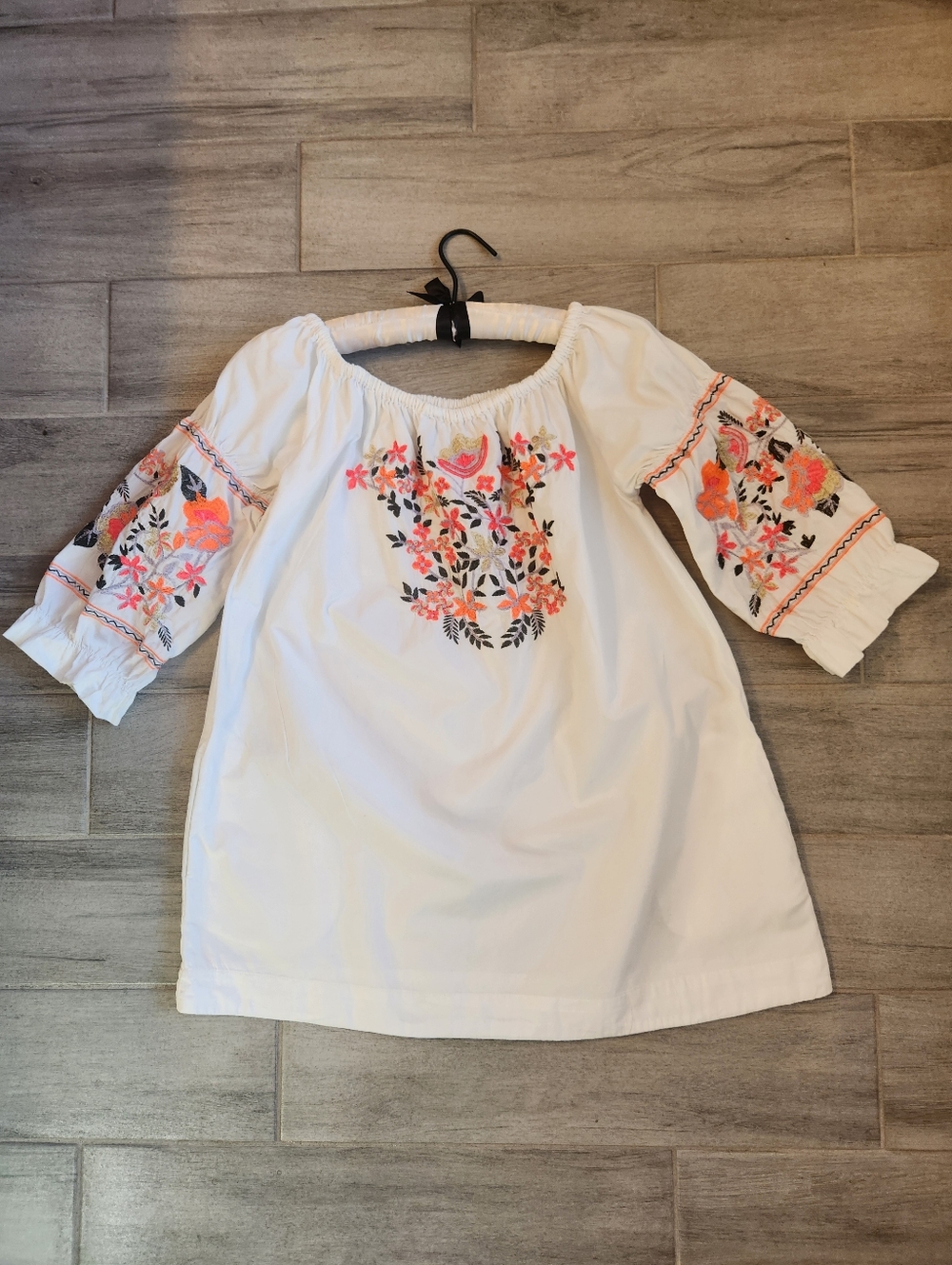 Tunic Mini Dress L White 100% Cotton Off Shoulder Embroidered Ethnic Floral Folk